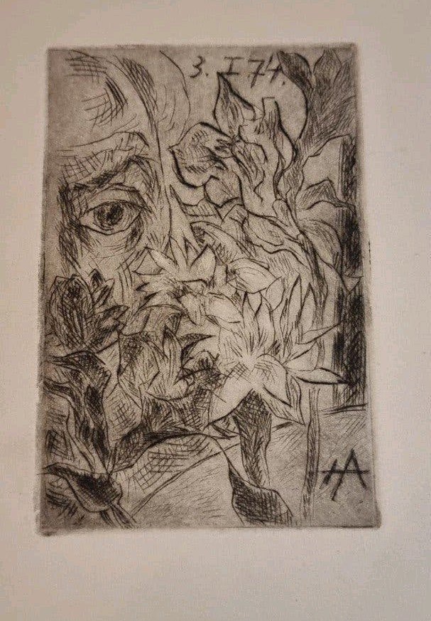 Abstracte ets met gezicht en bloemen, 19 x 26,5 cm, Ophalen of Verzenden, Portret, Ets, 1950 - 1999