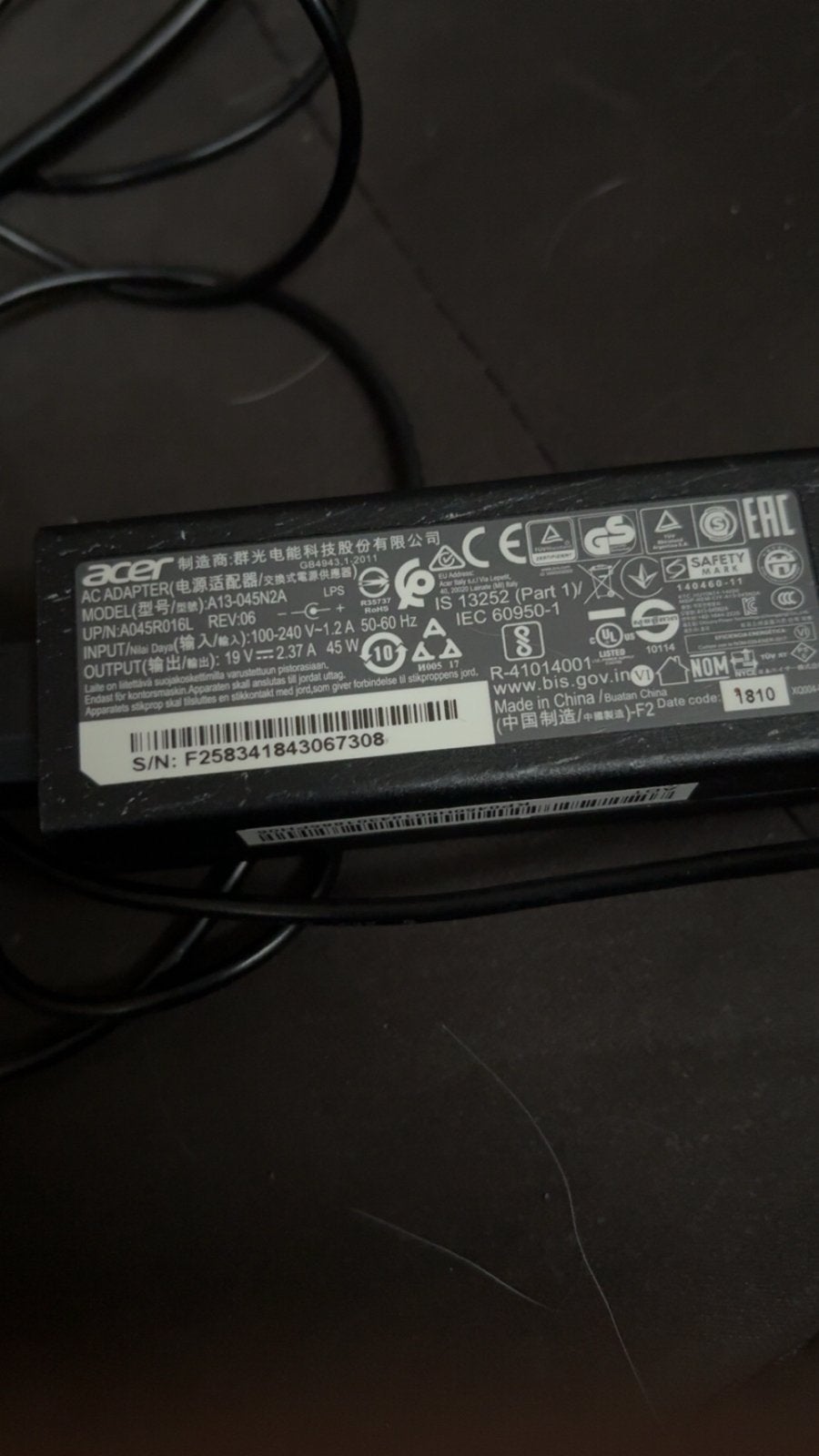 Acer laptop oplader - 19V 2.37A 45W, Ophalen of Verzenden, Gebruikt