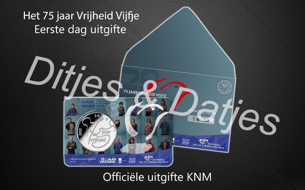 Eerste dag uitgifte 75 jaar Vrijheid Vijfje coincard, Postzegels en Munten, Ophalen of Verzenden, Koningin Beatrix, Euro's