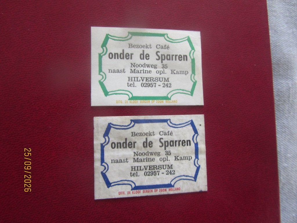 Café Onder de Sparren Naast Marine Opl. Kamp Hilversum, Ophalen of Verzenden, Gebruikt, Luciferdoosjes of -merken