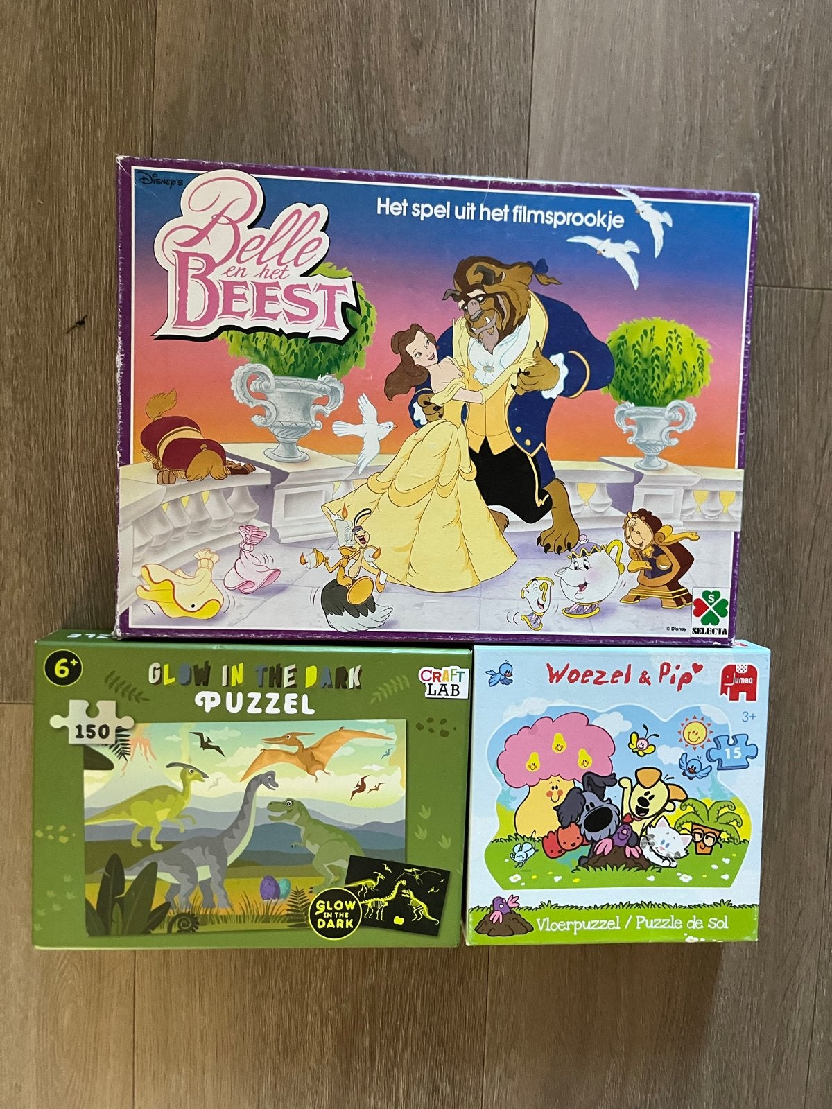 spel Belle  Beest +2 puzzels Glow in the Dark, Woezel & Pi, Ophalen of Verzenden, Meer dan 50 stukjes, Gebruikt, 6 jaar of ouder