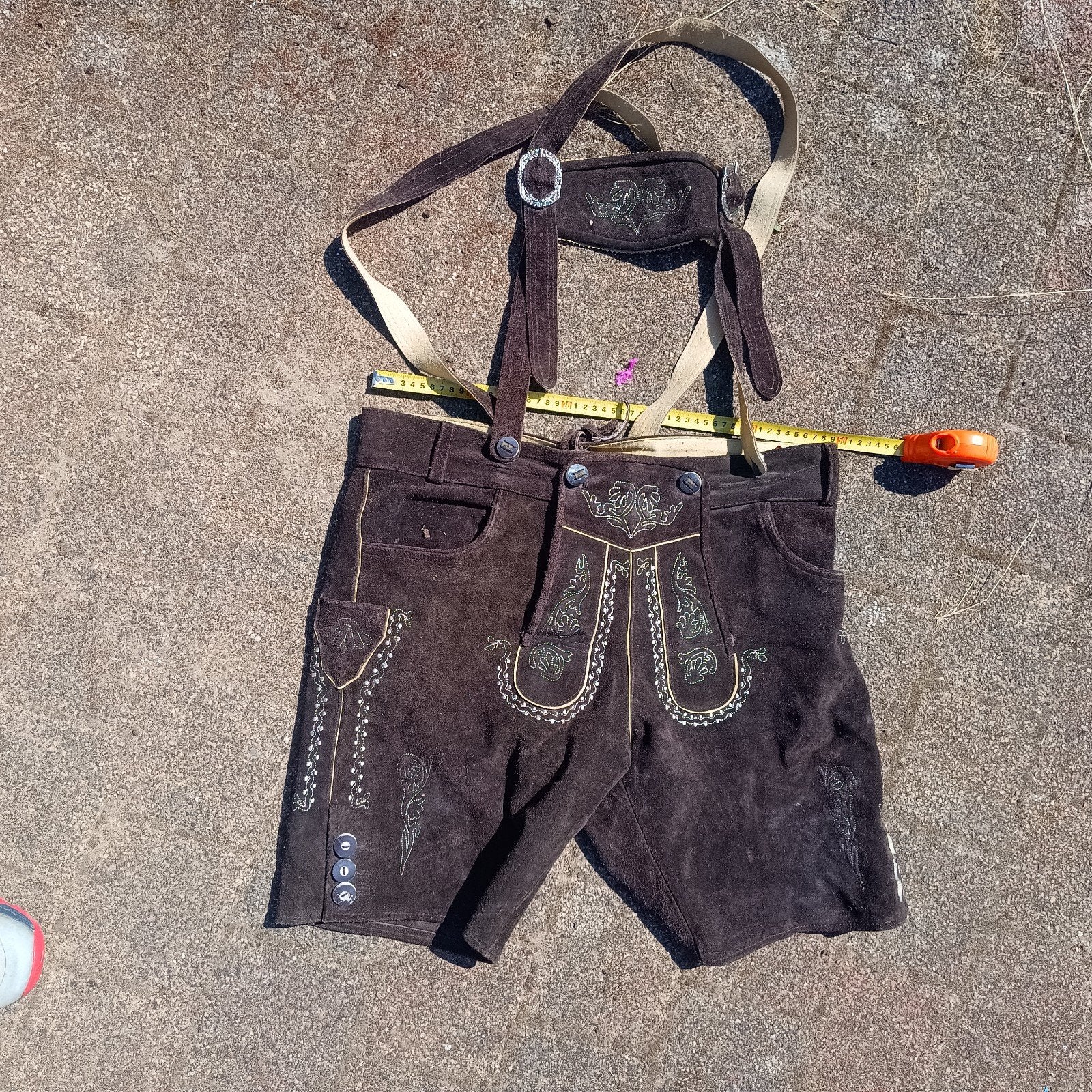 Lederhose 54 zgan echt leer met bretels donkerbruin kort, Ophalen of Verzenden, Zo goed als nieuw, Maat 52/54 (L), Overige thema's