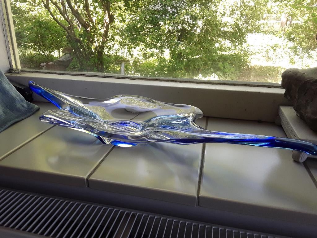 Murano, tafelstuk, schaal glas met blauwe vlammen, Ophalen of Verzenden