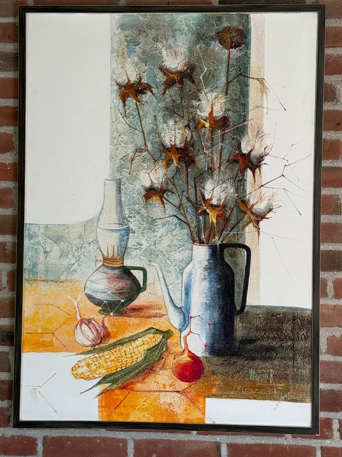 Mid-Century stilleven olieverfschilderij van Wonink., Ophalen, Doek, Realistisch, Stilleven