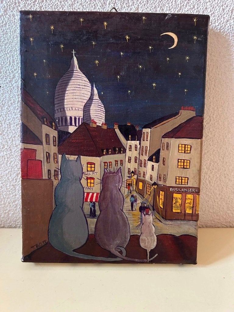 Schilderij met drie katten in Parijs - 22x16cm, Overige stijlen, Doek, Dieren, Ophalen of Verzenden