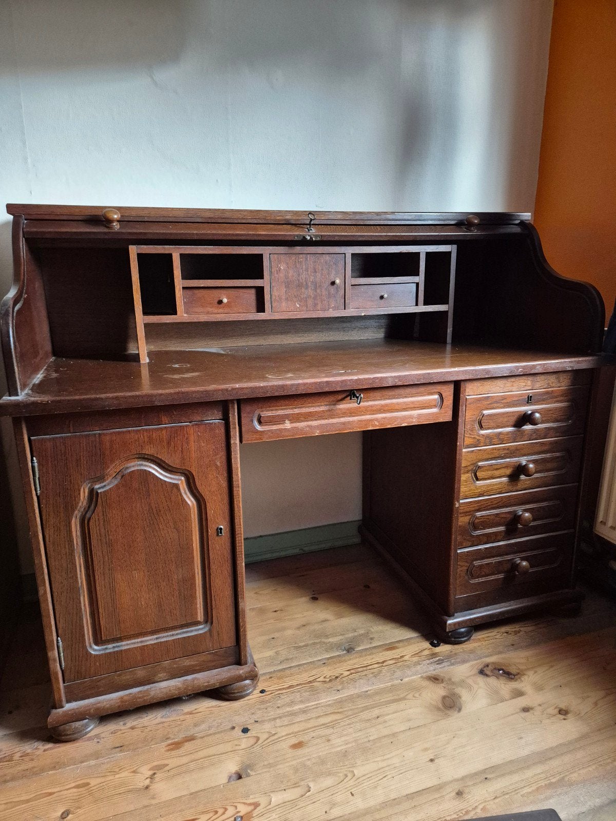 Antiek rolluikbureau / secretaire - massief hout, Antiek en Kunst, Ophalen