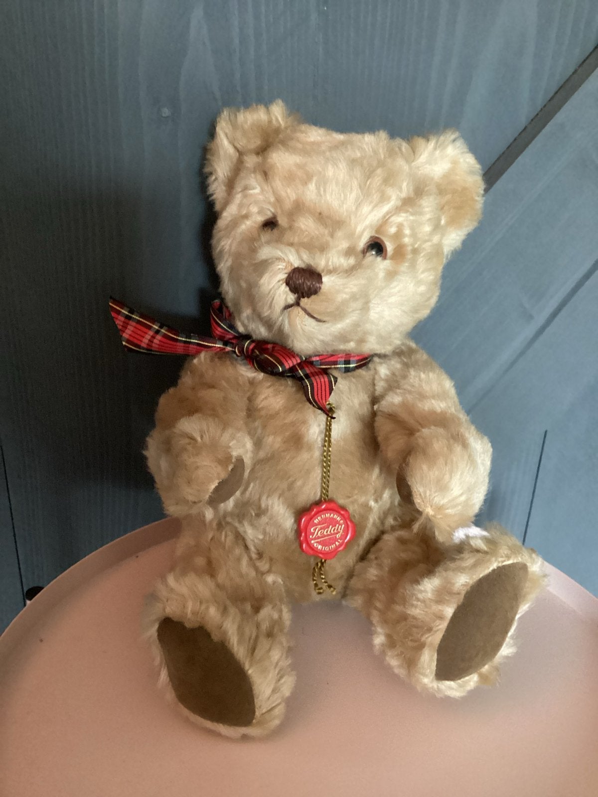 Hermann Teddy Original Beer met Geruit Lint, Ophalen of Verzenden, Zo goed als nieuw, Stoffen beer, Overige merken