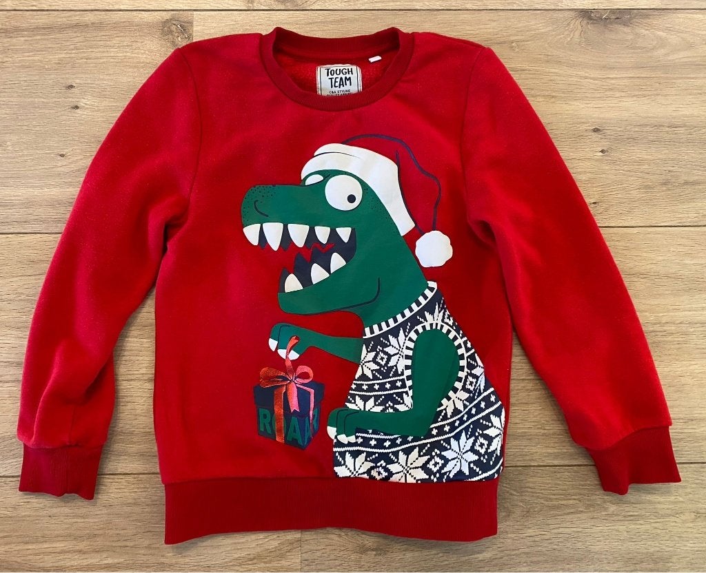 Kinderkersttrui C&A rood dinosaurus maat 134, Kinderen en Baby's, Gebruikt, C&A, Jongen of Meisje, Trui of Vest