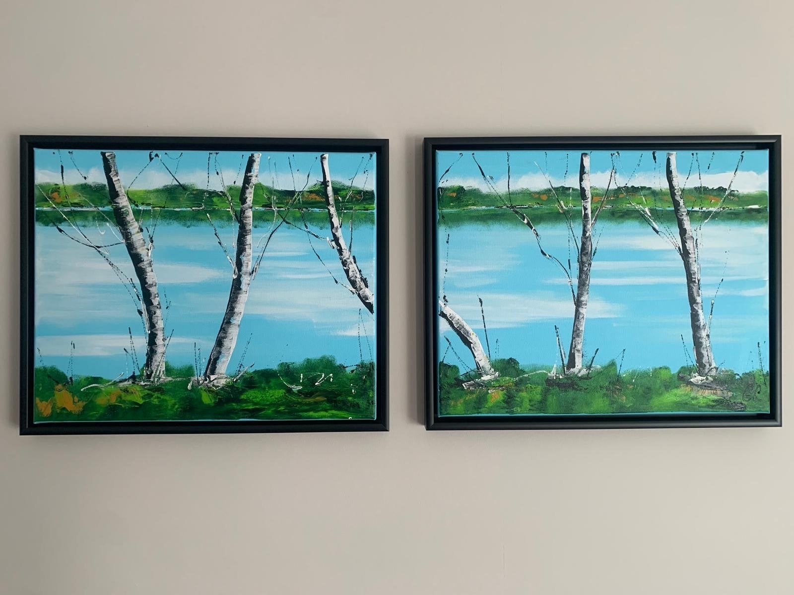 Modern Schilderij: Berken Bomen (set van 2), Landschap, Acrylverf, Ophalen of Verzenden, Echtheidscertificaat