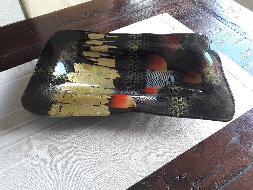 Origineel Gilde Glasart schaal kleuren: goud/zwart/oranje, Ophalen, Schaal, Handgemaakt, Ovaal