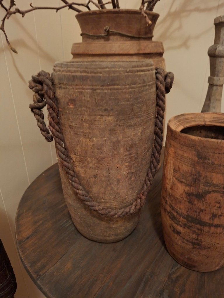 Grote kruik met touw 36 cm hoog, Hout, Ophalen of Verzenden, Bruin, Landelijk