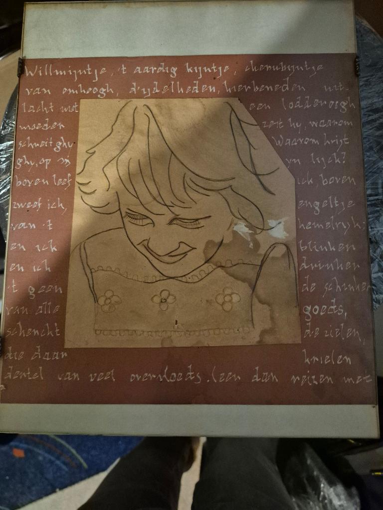 Uniek vintage handgemaakt poëziepaneel "Willemijntje", Verzamelen, Foto's en Prenten, Gebruikt, Ophalen of Verzenden, 1940 tot 1960