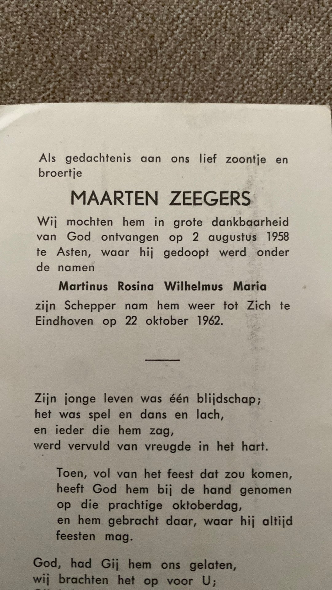 4-jarige Maarten Zeegers 1958 Asten 1962, Ophalen of Verzenden