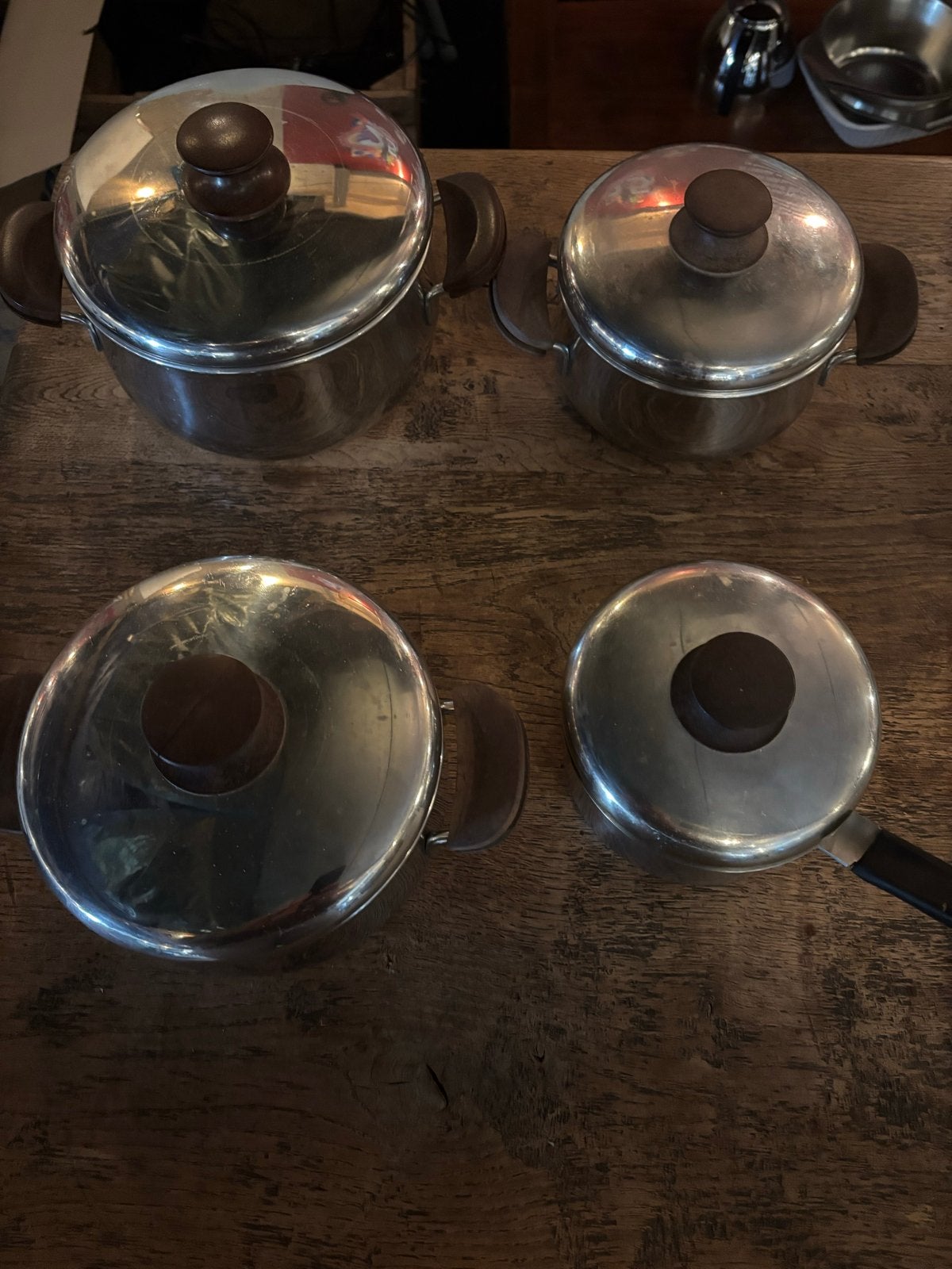 Vintage Pannenset RVS met houten handvatten, Huis en Inrichting, Keuken | Potten en Pannen, Ophalen of Verzenden, Gebruikt, Rvs