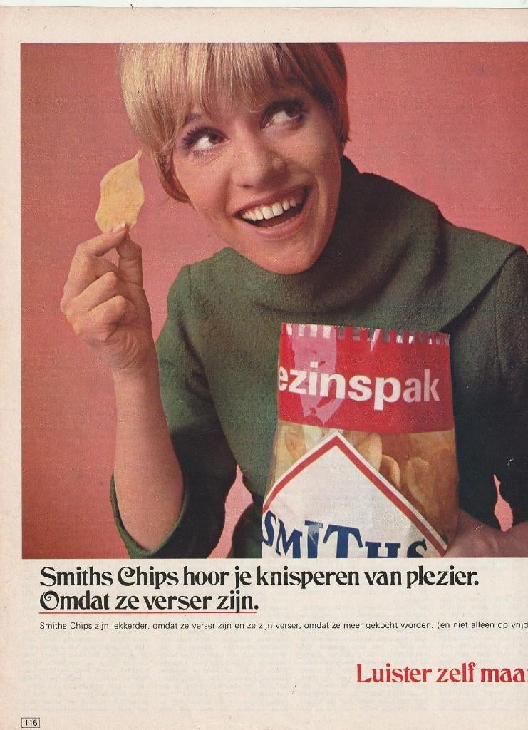 Retro reclame 1969 Smiths chips mevrouw heeft plezier, Verzamelen, Retro, Verzenden, Overige typen
