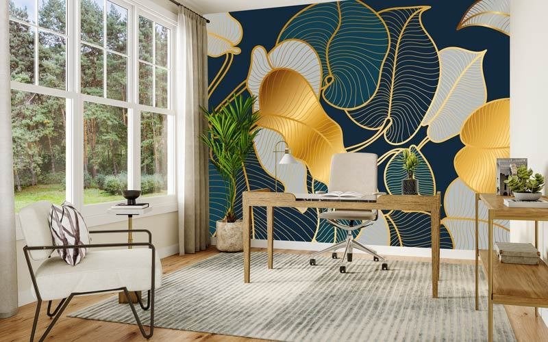 Fotobehang / Behang: Jungle - Abstracte Gouden Bladeren, Huis en Inrichting, Stoffering | Behang, Ophalen, Stuifzand, Bladeren