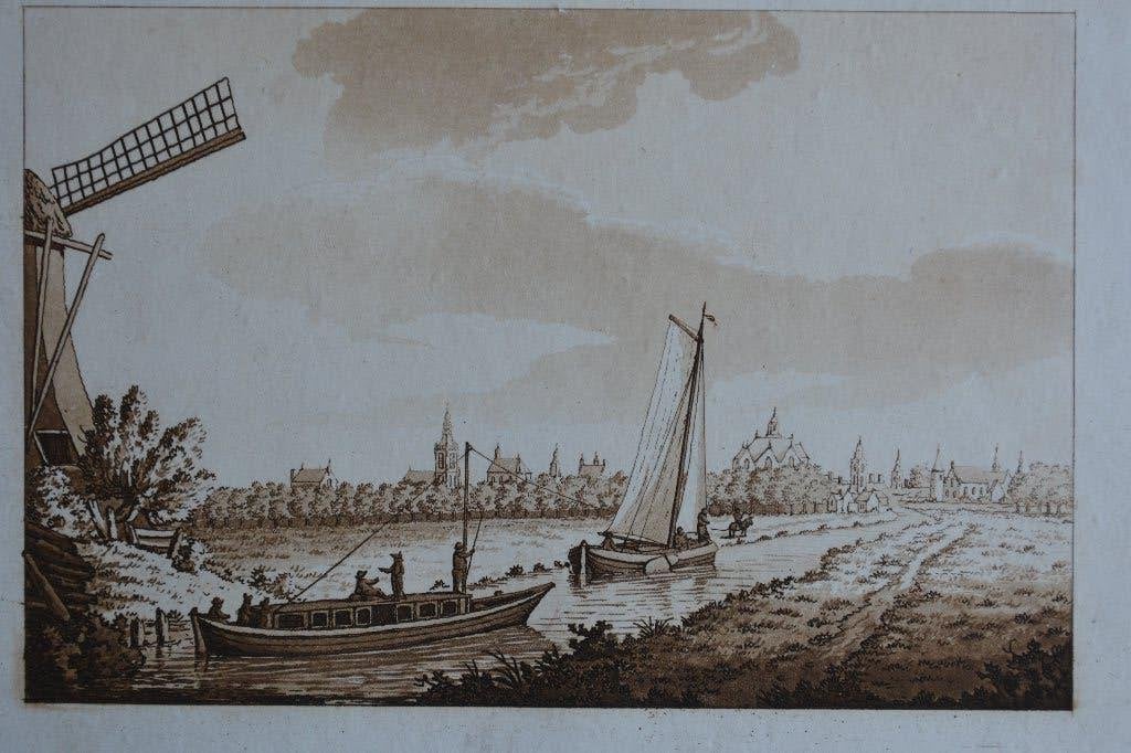 DEN HAAG vanuit DELFT gezien TREKSCHUIT AQUATINT GRAVURE GU7, 10 cm, Stadsgezicht, Ophalen of Verzenden, 16 cm
