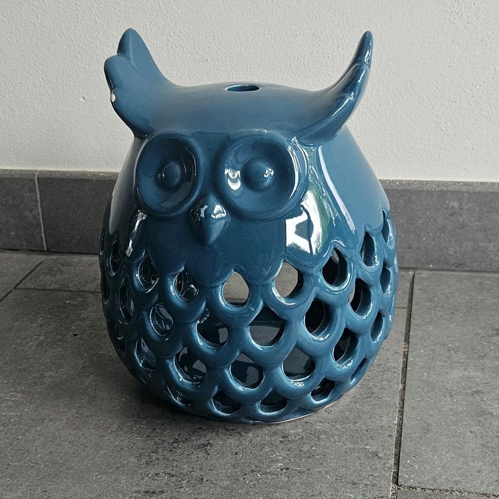 Uil theelichthouder - Blauw keramiek, Ophalen of Verzenden, Gebruikt, Blauw, Steen/keramiek