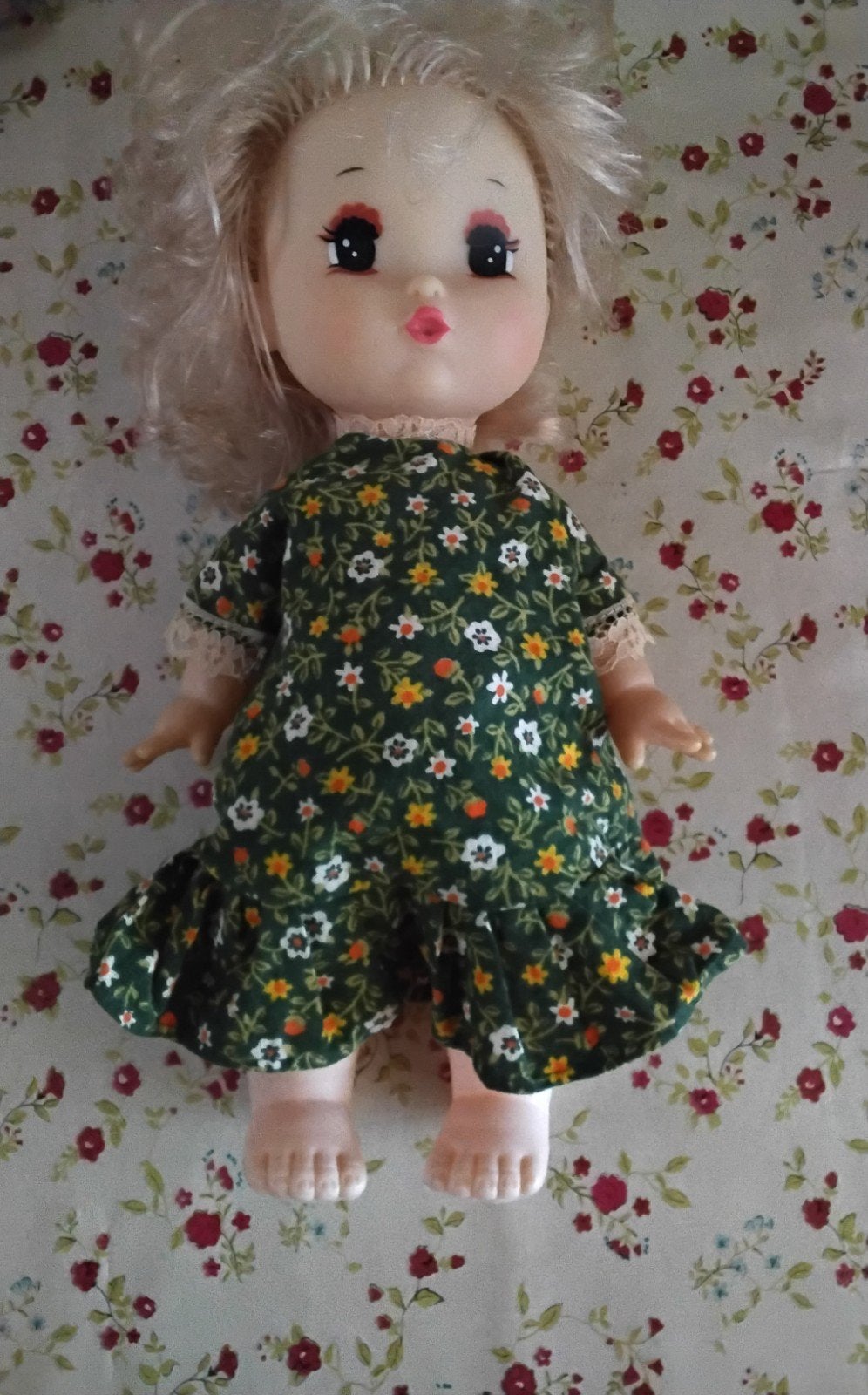 Vintage popje met Bloemetjesjurk - Blond Haar, Ophalen of Verzenden