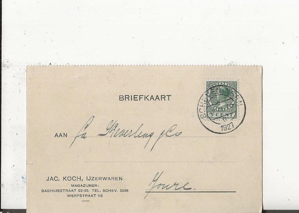Scheveningen Badhuisstraat 23-25 Jac.Koch Ijzerwaren 1927, Ophalen of Verzenden, 1920 tot 1940, Gelopen, Zuid-Holland
