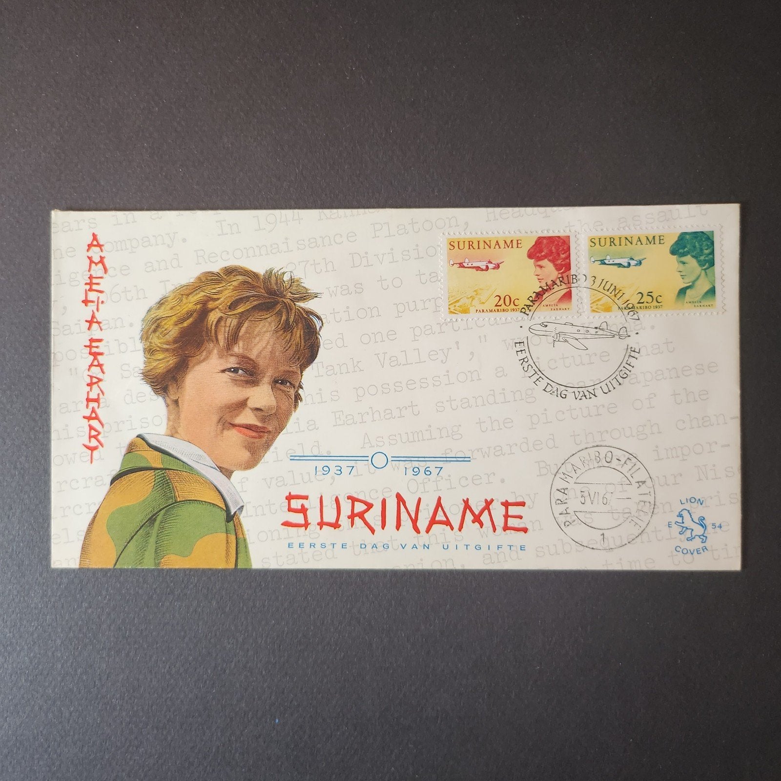 Suriname Eerste Dag Uitgifte Amelia Earhart 1967, Luchtvaart, Met envelop, Verzenden, Gestempeld