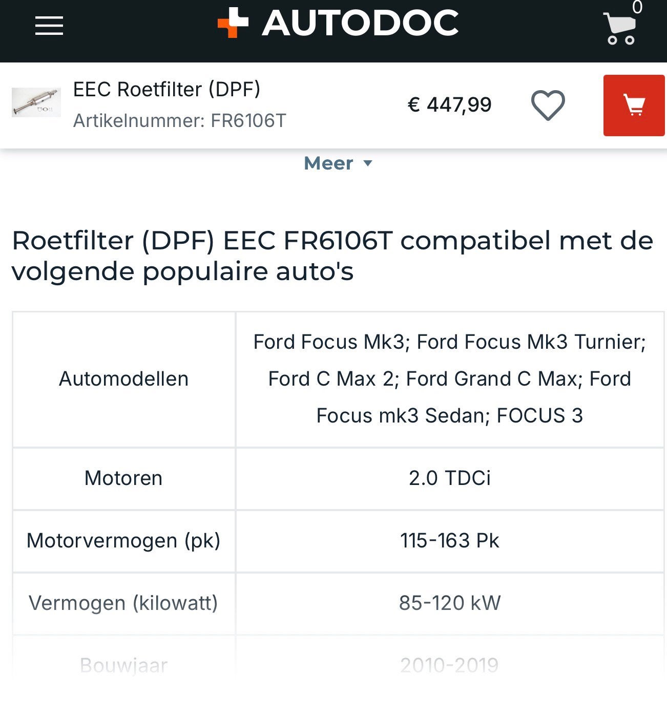 Origineel Ford roetfilterDPF 2.0 TDCi –Focus / C-Max – nieuw, Ophalen, Nieuw, Ford
