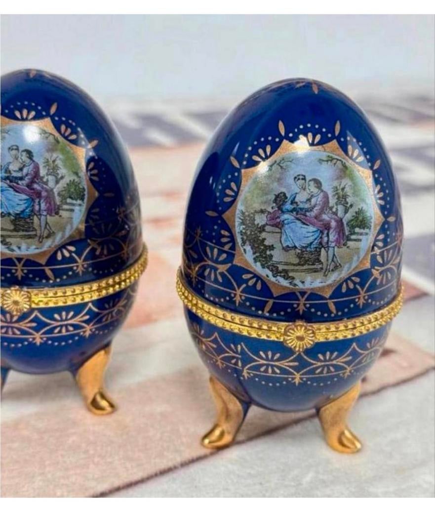 2X antiek Porseleinen Faberge Ei cobalt blauw Gesigneerd, Antiek en Kunst, Curiosa en Brocante, Ophalen of Verzenden