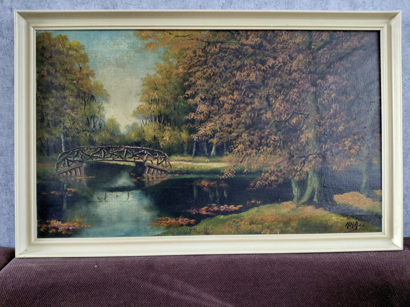 2 werken van H.H. Ros: Landschap met brug en Schaapskudde, Ophalen, Acrylverf, Ingelijst, Doek