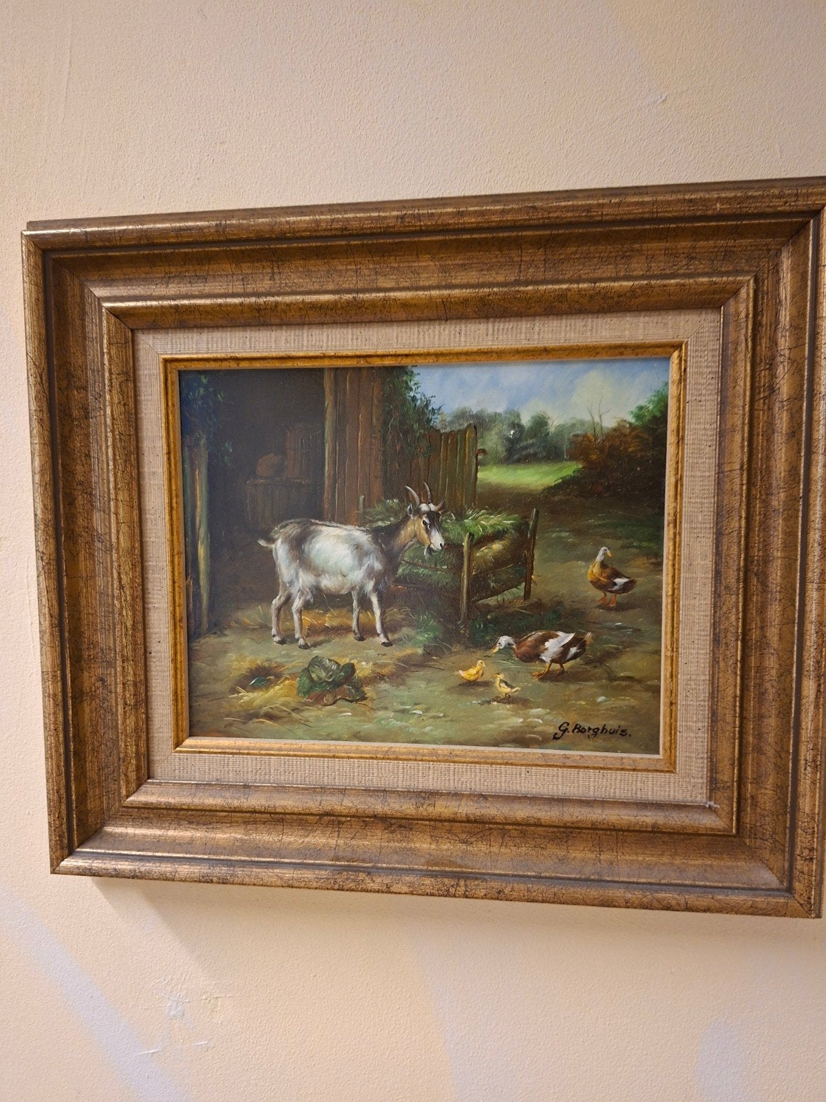 Schilderij G. Borghuis, Antiek en Kunst, Doek, Realistisch, Dieren, Ophalen of Verzenden
