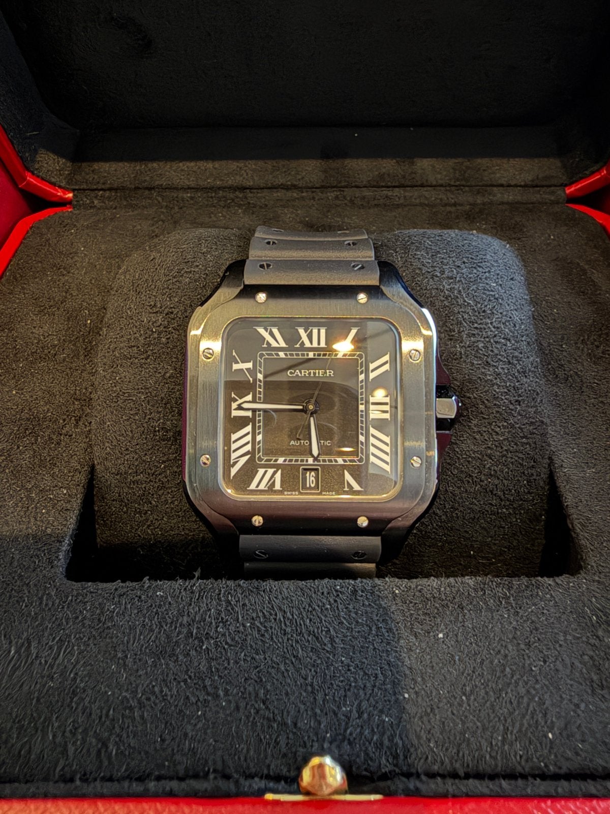 Cartier Santos | ADLC | WSSA0039 | Topstaat | Full set, Sieraden, Tassen en Uiterlijk, Horloges | Heren, Leer, Staal, Polshorloge