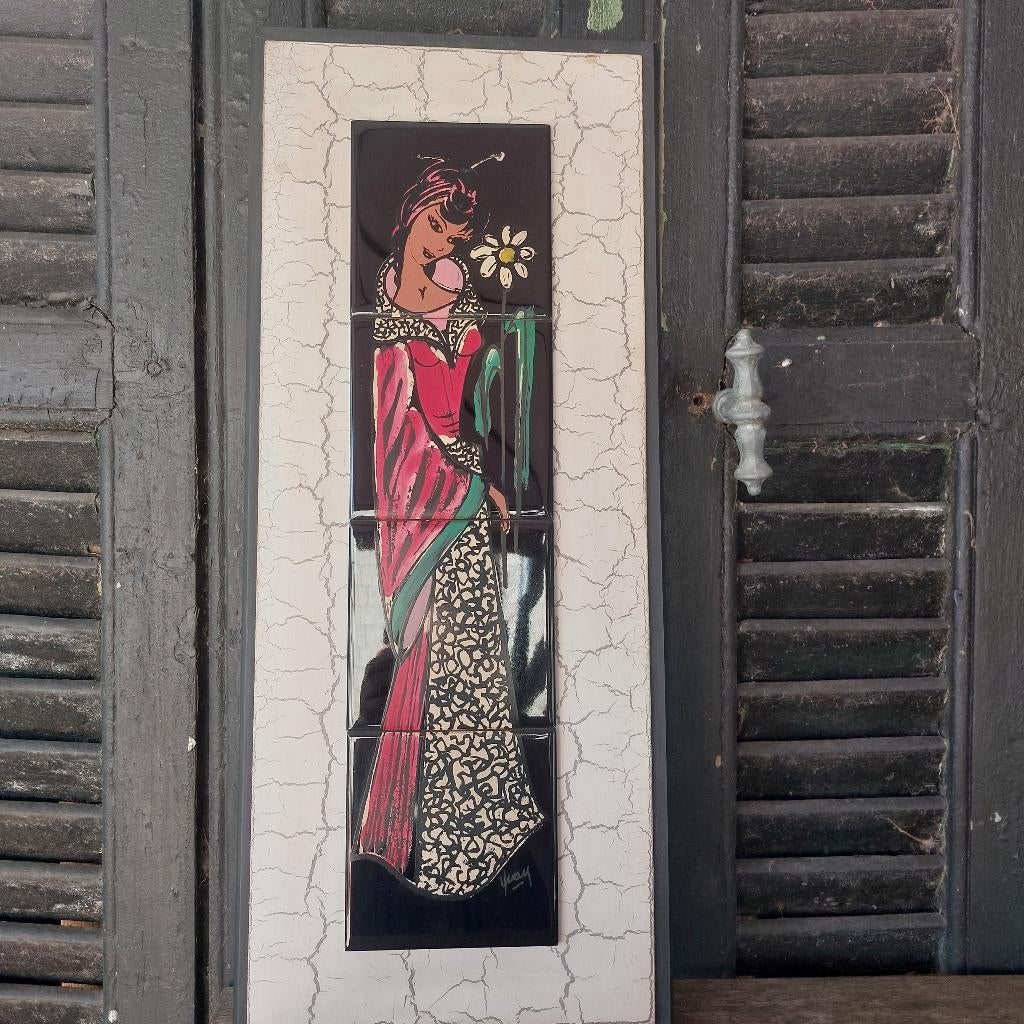 Prachtig vintage tegel tableau uit Italie van dame, Ophalen of Verzenden