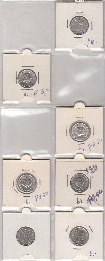 Nederland 25 cent 1948, 1954 (3x) en 1961 (3x) Pr/FDC, Postzegels en Munten, Munten | Nederland, Ophalen of Verzenden, Koningin Juliana
