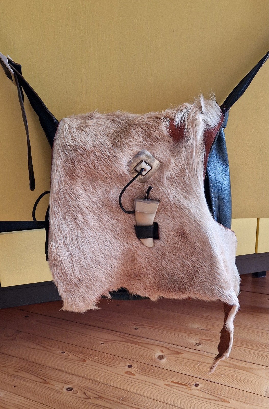 Geiten leren tas, mét vacht, groen, ca. 30 x 32 cm, Ophalen of Verzenden, Zo goed als nieuw, Groen, Leer