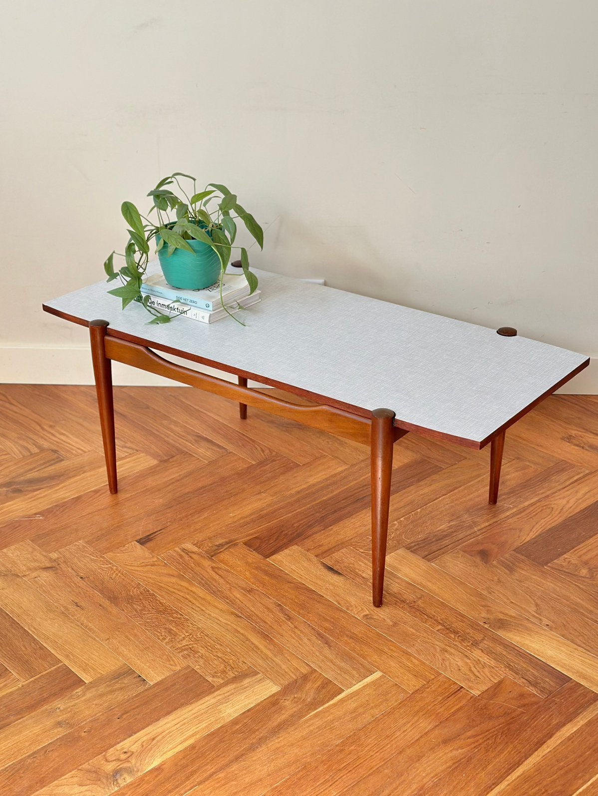 Vintage salontafel teak hout omkeerbaar blad jaren 50/60/70, Ophalen, Gebruikt, 100 tot 150 cm, 50 tot 100 cm