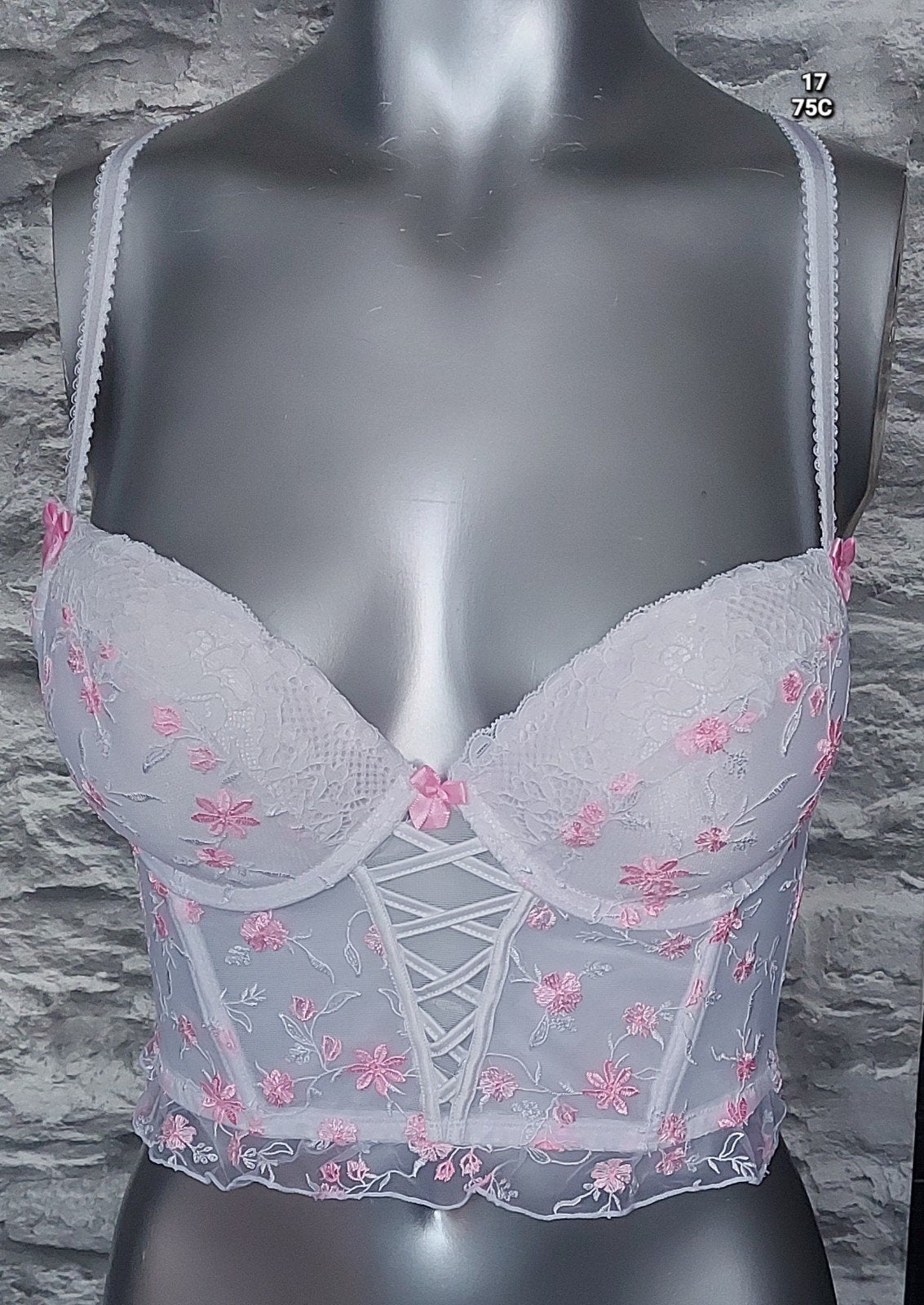 Witte kanten korset met roze bloemen en vetersluiting, Onbekend, Ophalen of Verzenden, Wit, Body of Korset