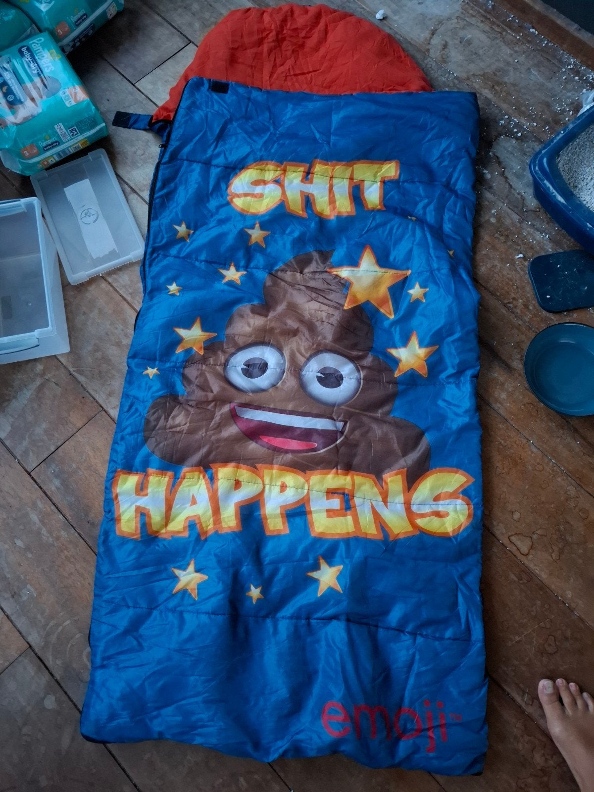 Slaapzak met 'Shit Happens' Emoji-print, Caravans en Kamperen, Ophalen of Verzenden, Gebruikt