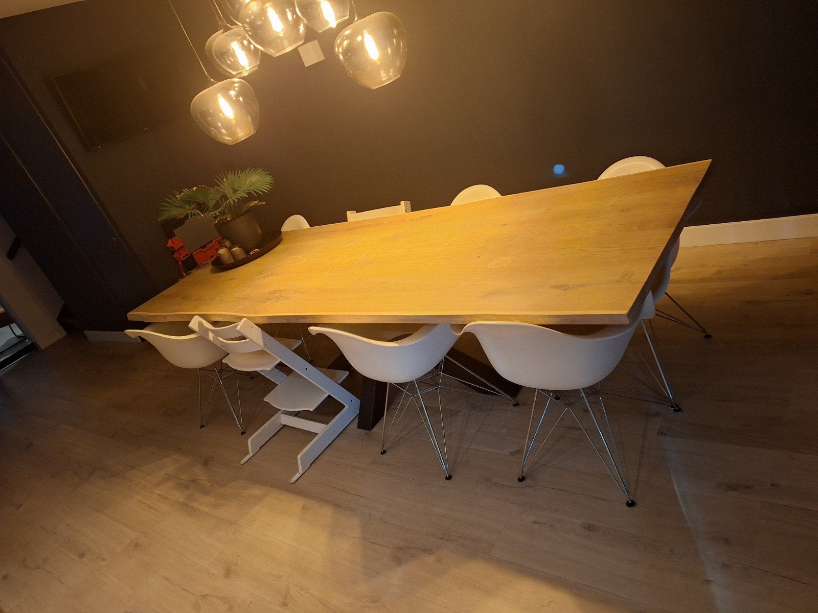 Eikenhouten boomstamtafel 300x100 met 3d poot, Ophalen, Gebruikt, 100 tot 150 cm, Eikenhout