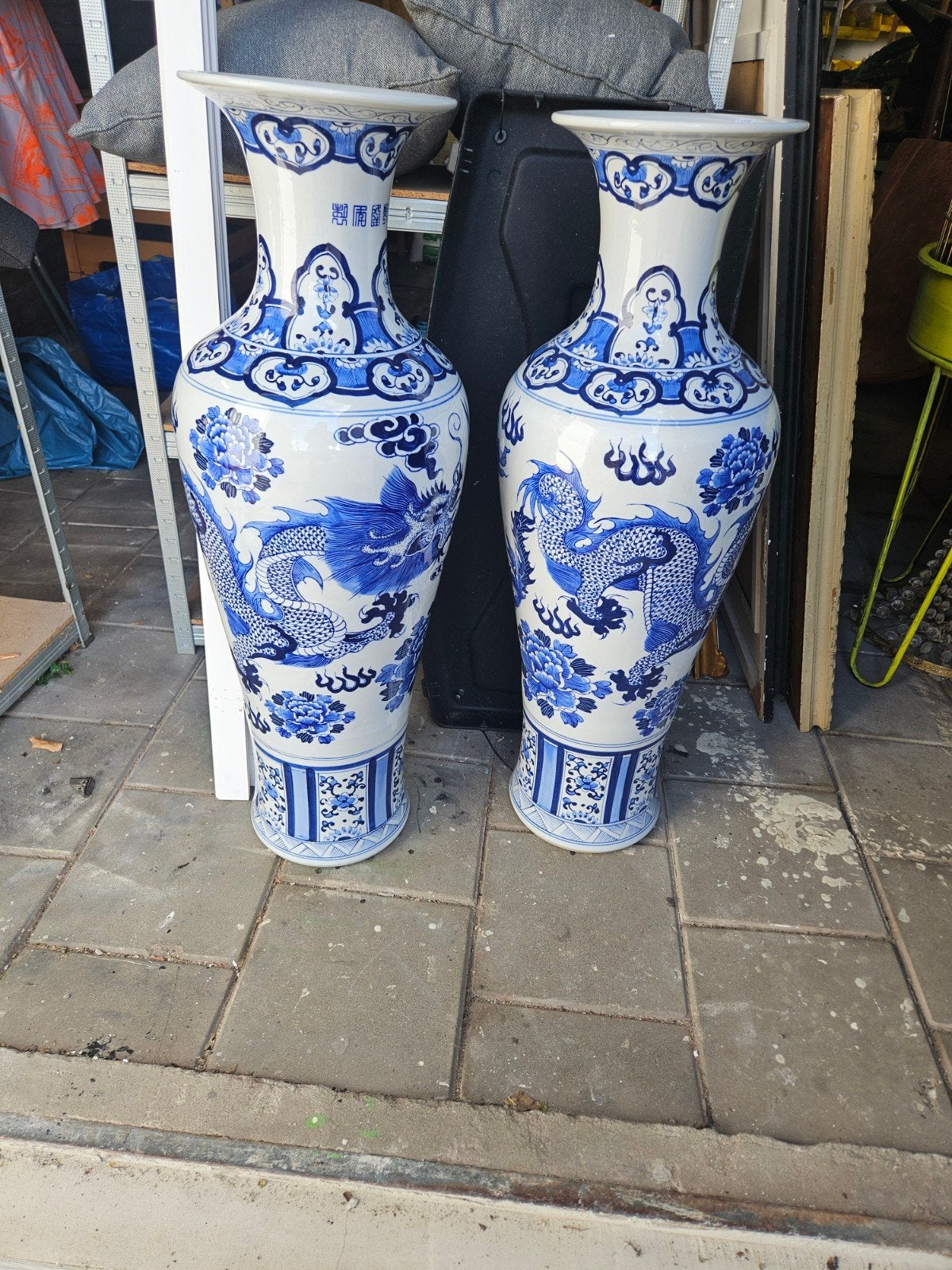 Set van 2 Grote Chinese Draken Vazen - Blauw en Wit, Ophalen