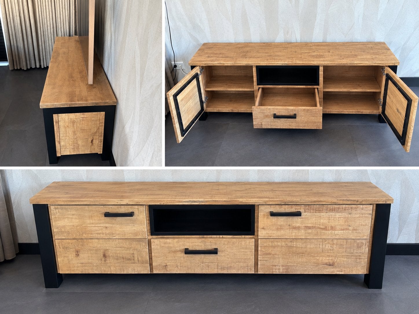 Tv meubel (150cm) Steelwood - Seasoned Brown/Metaal Zwart, Ophalen, 100 tot 150 cm, Nieuw, 25 tot 50 cm