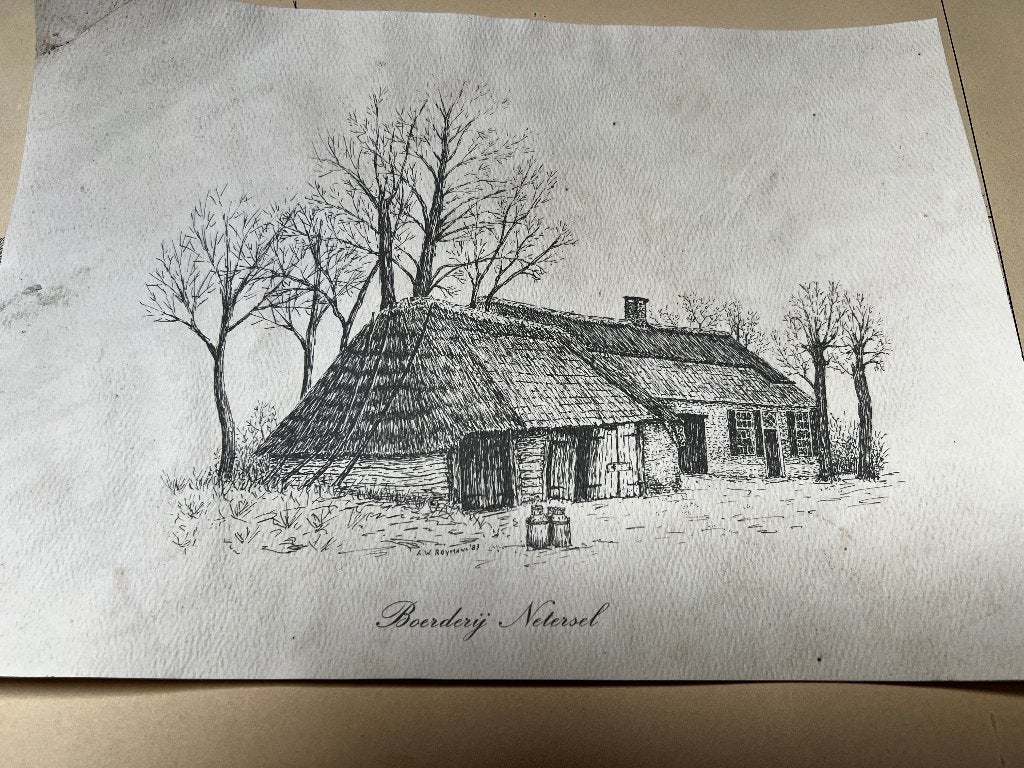 Pentekening "Boerderij in Netersel"., Ophalen of Verzenden, Tekening, Handgemaakt
