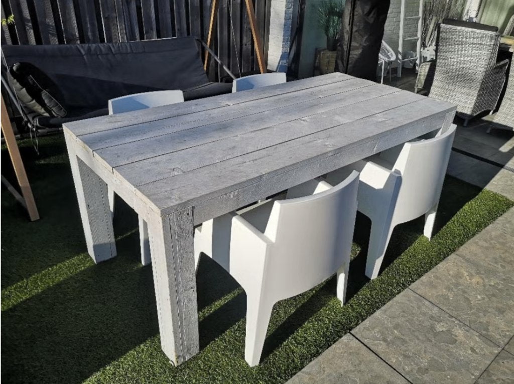 Whitewash tafel met 4 witte kuipstoelen. L200xB100xH80, Huis en Inrichting, Tafels | Eettafels, Ophalen, 200 cm of meer, 50 tot 100 cm