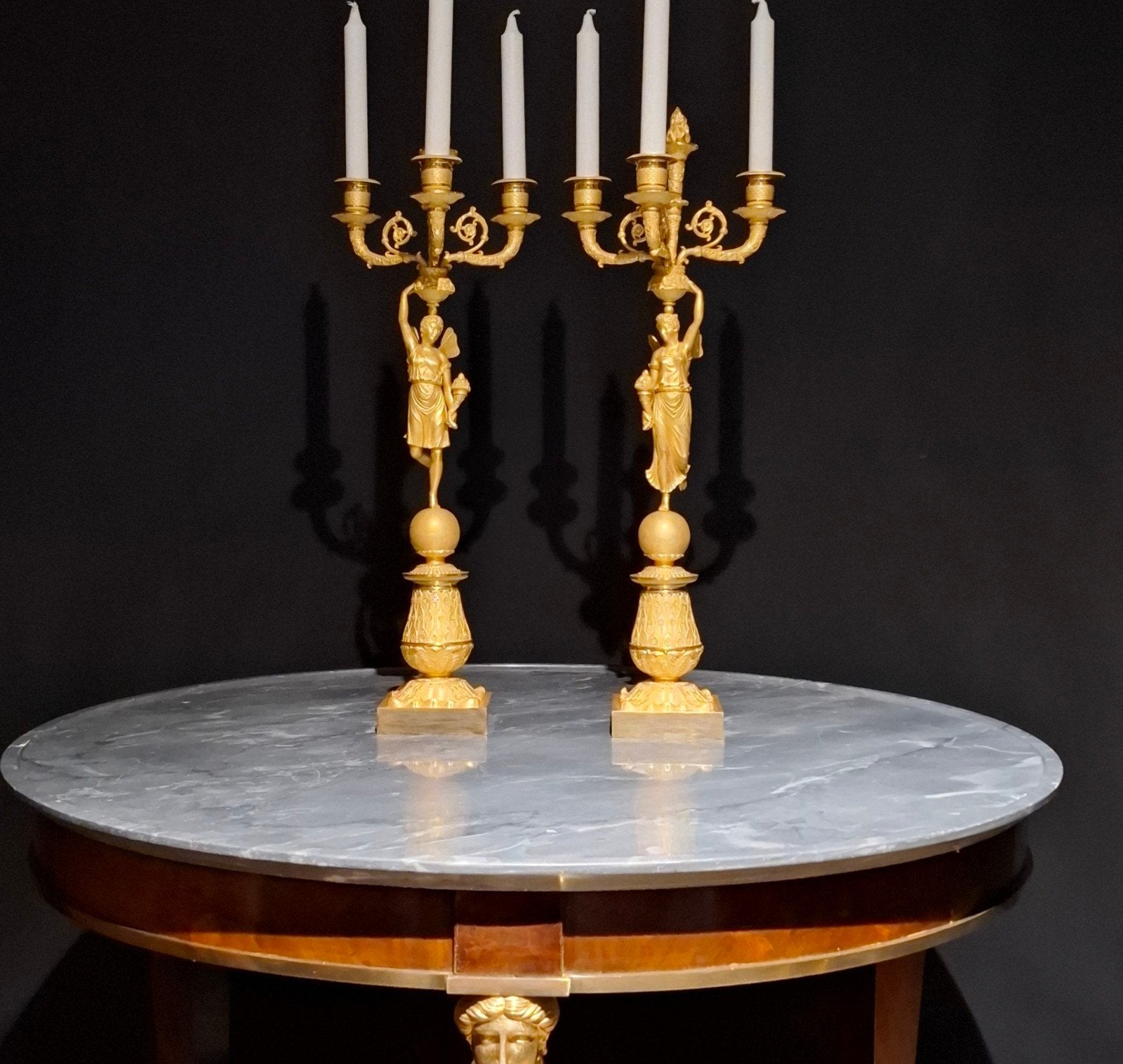 antieke vuurvergulde bronzen empire kandelaars, Antiek en Kunst, Ophalen, Koper of Brons