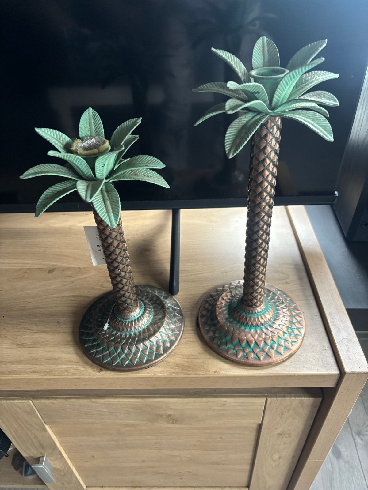 Set van 2 palmboom kandelaars, Gebruikt, Meerkleurig, Overige merken, Ophalen of Verzenden