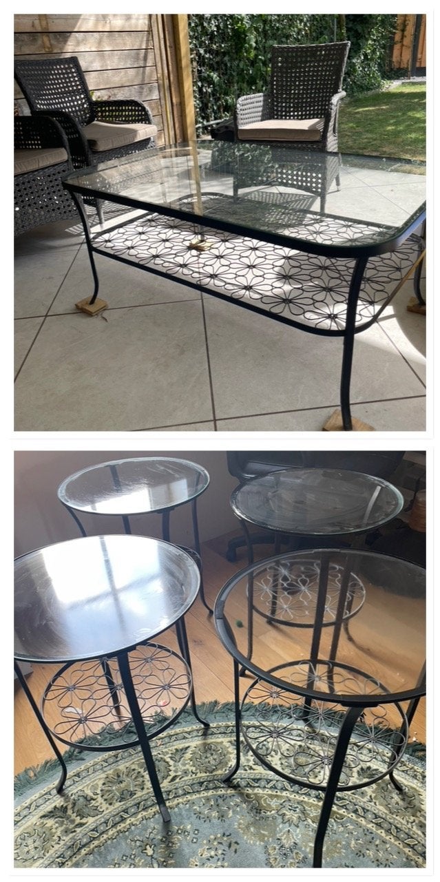 4 Ikea bijzettafels en 1 salontafel - Zwart metaal met glas, Huis en Inrichting, Tafels | Salontafels, Ophalen, Gebruikt, Rond