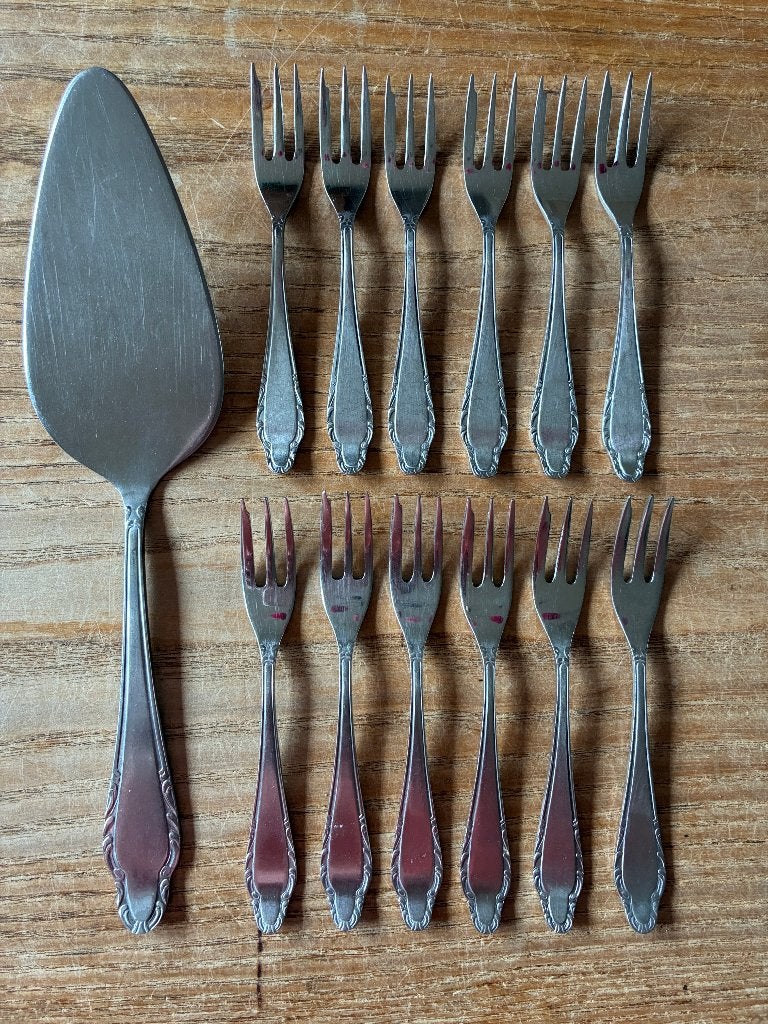 12x Vintage Sola GZ 980 gebaksvorkjes + taartschep, Ophalen of Verzenden