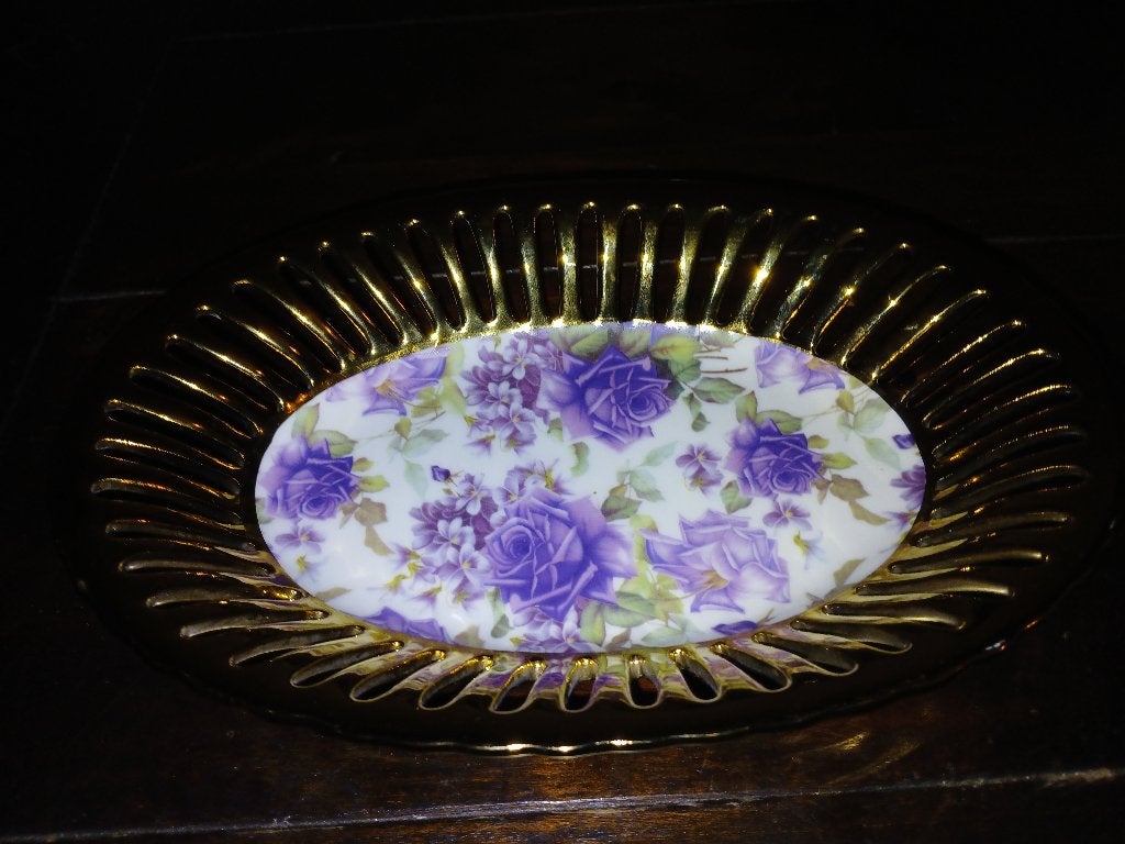 Gouden schaal met paarse rozen decoratie,25x17cm, Ophalen of Verzenden