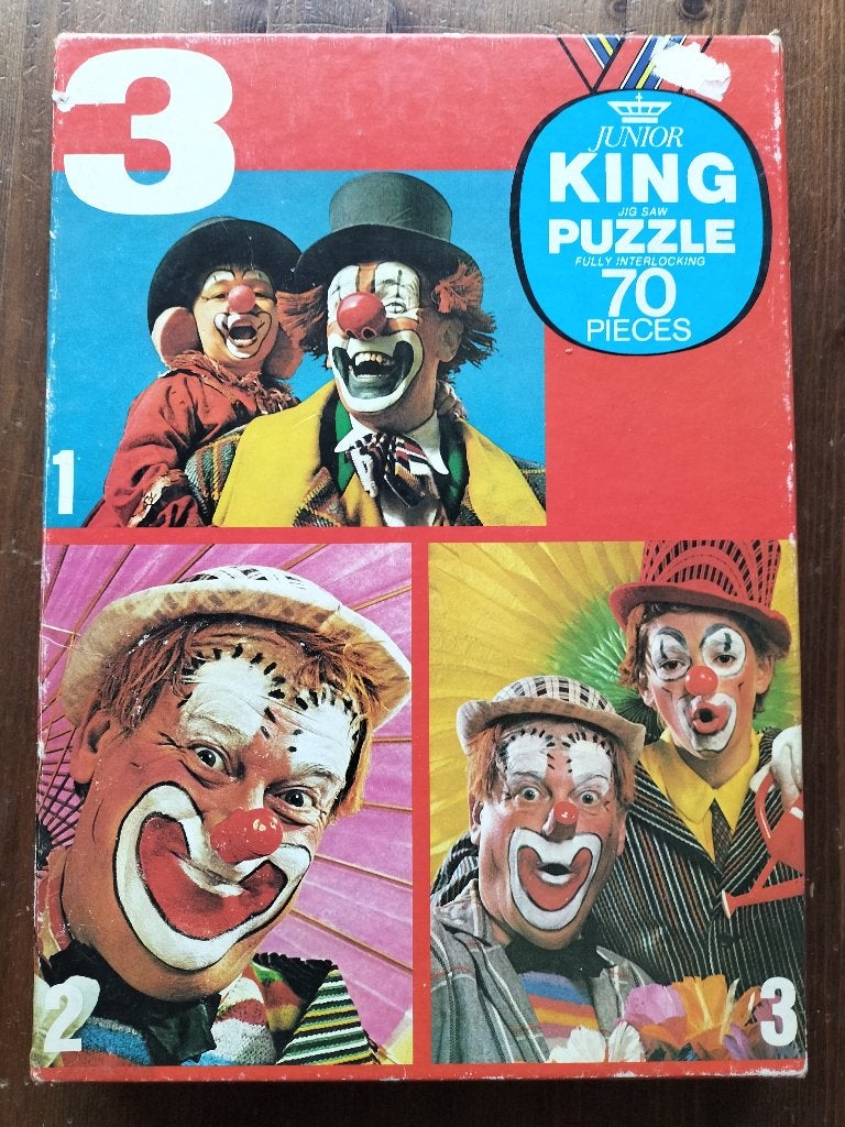 Retro 3-in-1 puzzel Clowns (3 x 70 stukjes), Ophalen of Verzenden, Meer dan 50 stukjes, Zo goed als nieuw