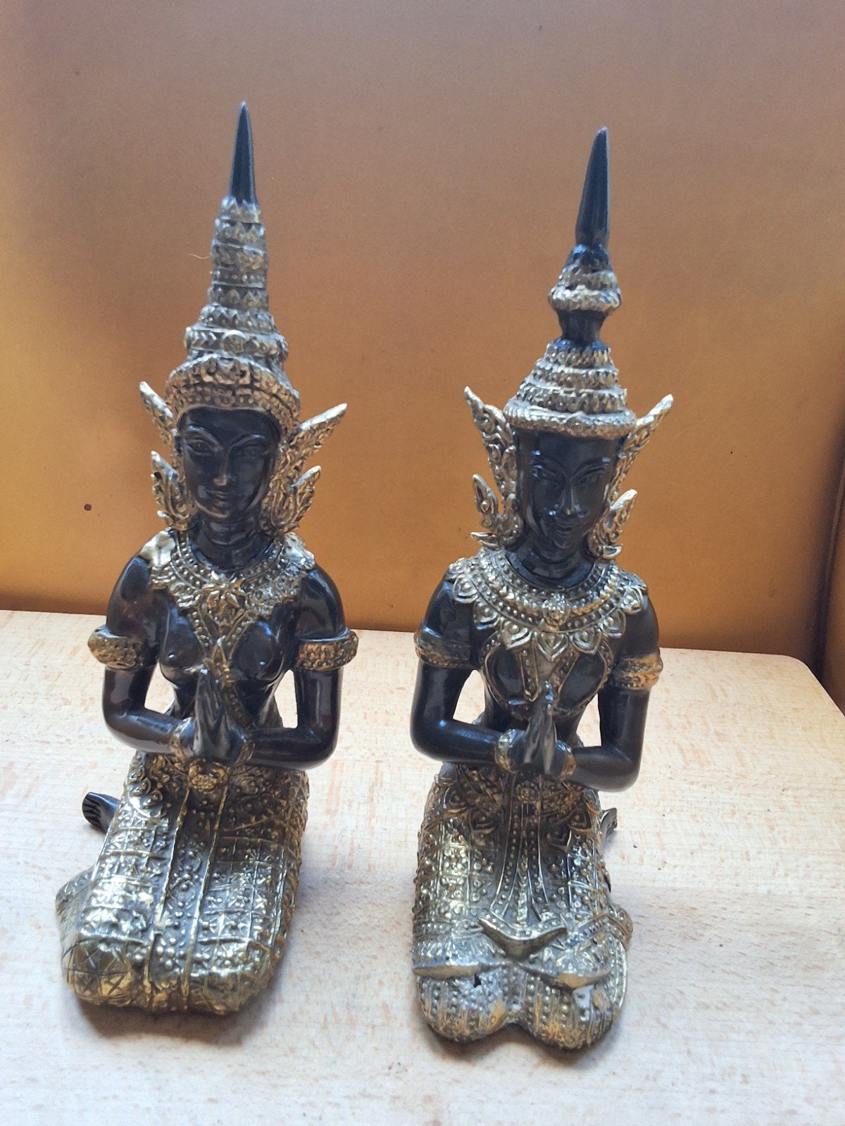 Twee traditionele brons tempel wachters man vrouw verguld, Ophalen of Verzenden