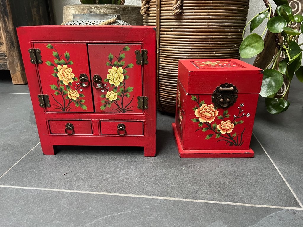 chinese sieraden kastjes kist chinees set handbeschilderd, Gebruikt, Minder dan 50 cm, Ophalen of Verzenden, https://verburgtvintage.nl/#contact