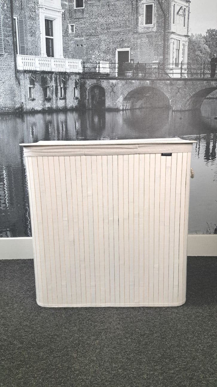 Bamboe Wasmand + 3 vakken en deksel - 150 liter - Opvouwbaar, Ophalen of Verzenden, Zo goed als nieuw, Wit, Overige merken